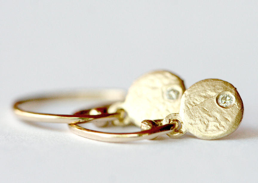 14K Gold Organic Disc Earrings, Tiny Diamonds | los angeles art and jewelry